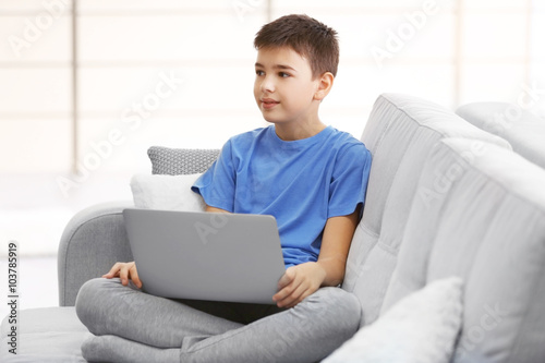 Little boy using laptop on ...