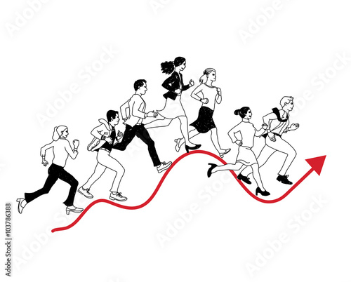 Business people run graph curves red line black isolate