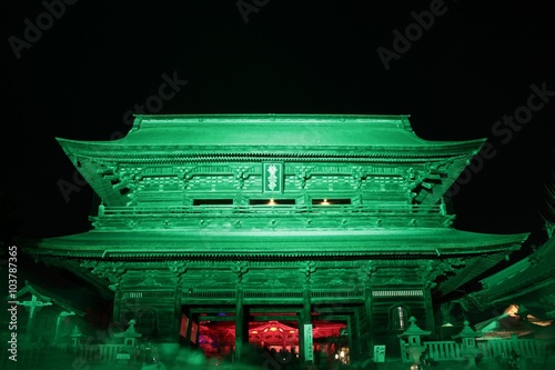夜のお寺の山門/緑に染まるお寺の山門