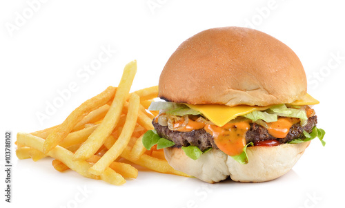 yummy Meat hamburger with french fries on white background