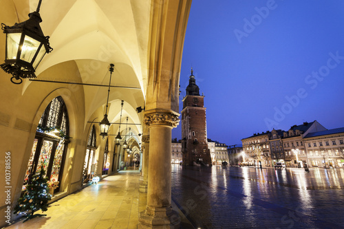 Krakow Rathaus Tower seen from arches of Cloth Hall