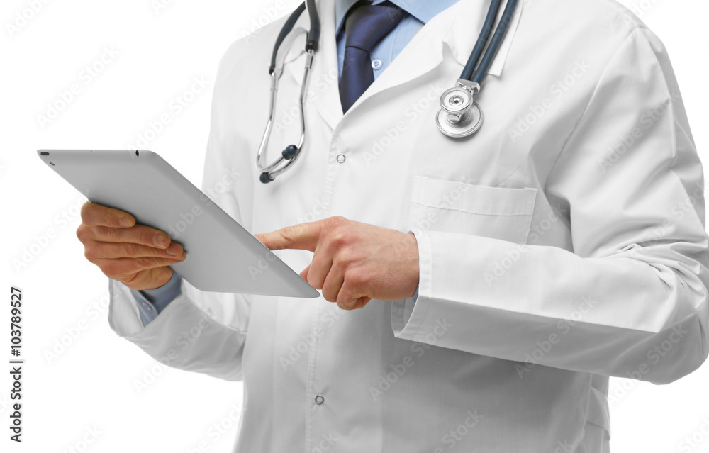 Doctor with tablet isolated on white Doctor with tablet isolated on white