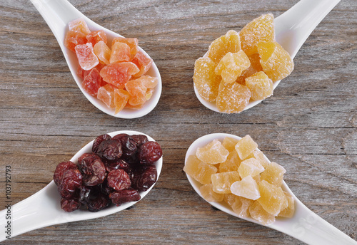 Dried ginger. Dried mango. Dried pineapple. Dried cranberries. Dried fruits. 