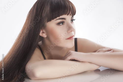 Health and Beauty Concept. Cute Caucasian Brunette Female With Nice Long Hair