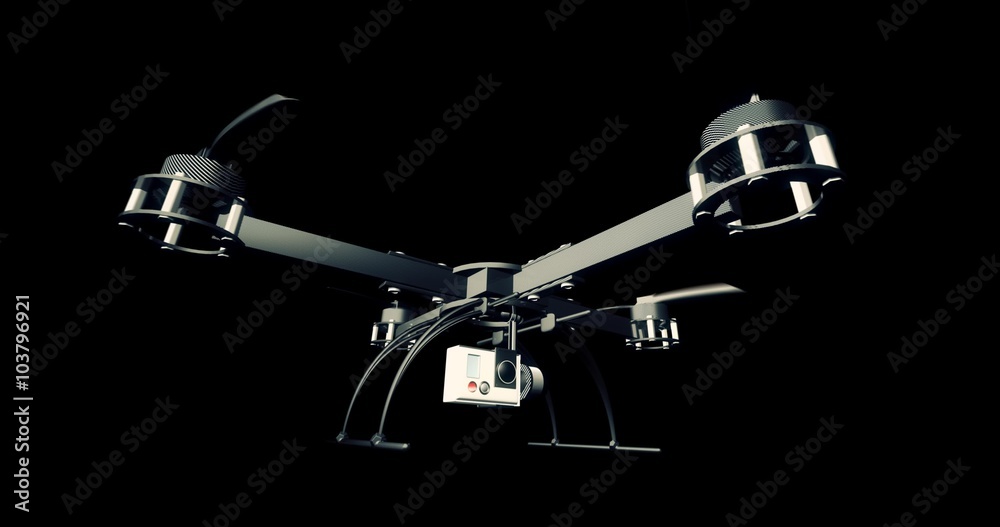 A looping 3D Animation of a drone (quadcopter) flying forward with attached camera.  The clip has an alpha channel, realistic movement and motion blur.