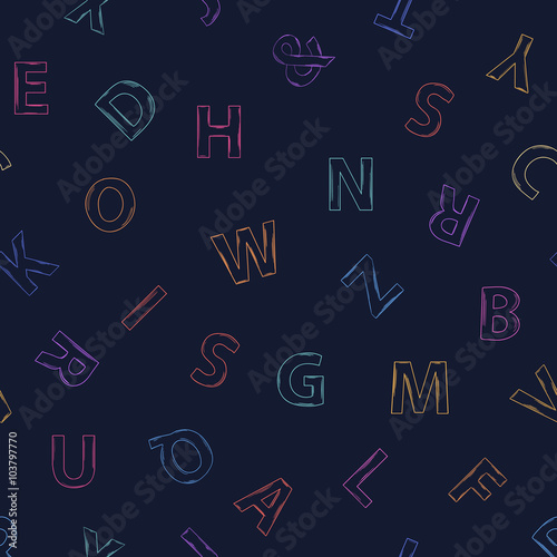 Vector Seamless Alphabet neon colors pattern on a dark blue background