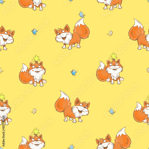 Seamless pattern with funny cartoon foxes, birds and butterflies on yellow background. Vector image.