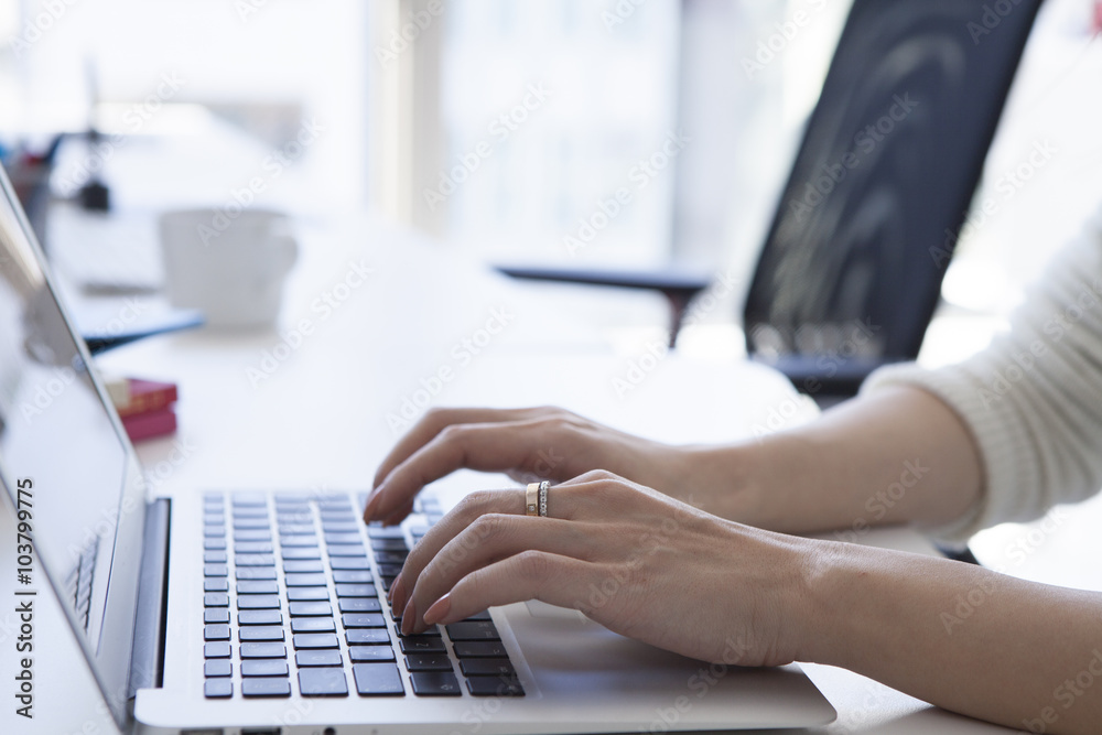 Women are entering the laptop at the office Women are entering the laptop at the office