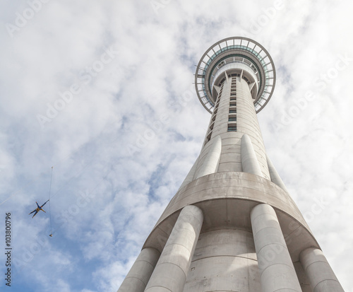 Auckland sky tower from below view with model bungee jumping aga