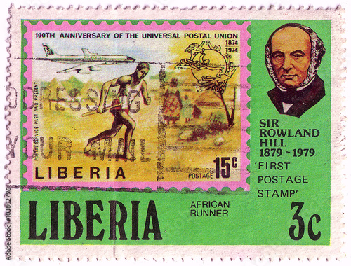 LIBERIA - CIRCA 1979: stamp printed by Liberia, shows Rowland Hill, mail runner and jet, circa 1979 photo