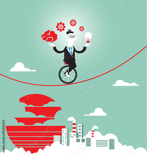 Businessman balancing on the rope with ideas