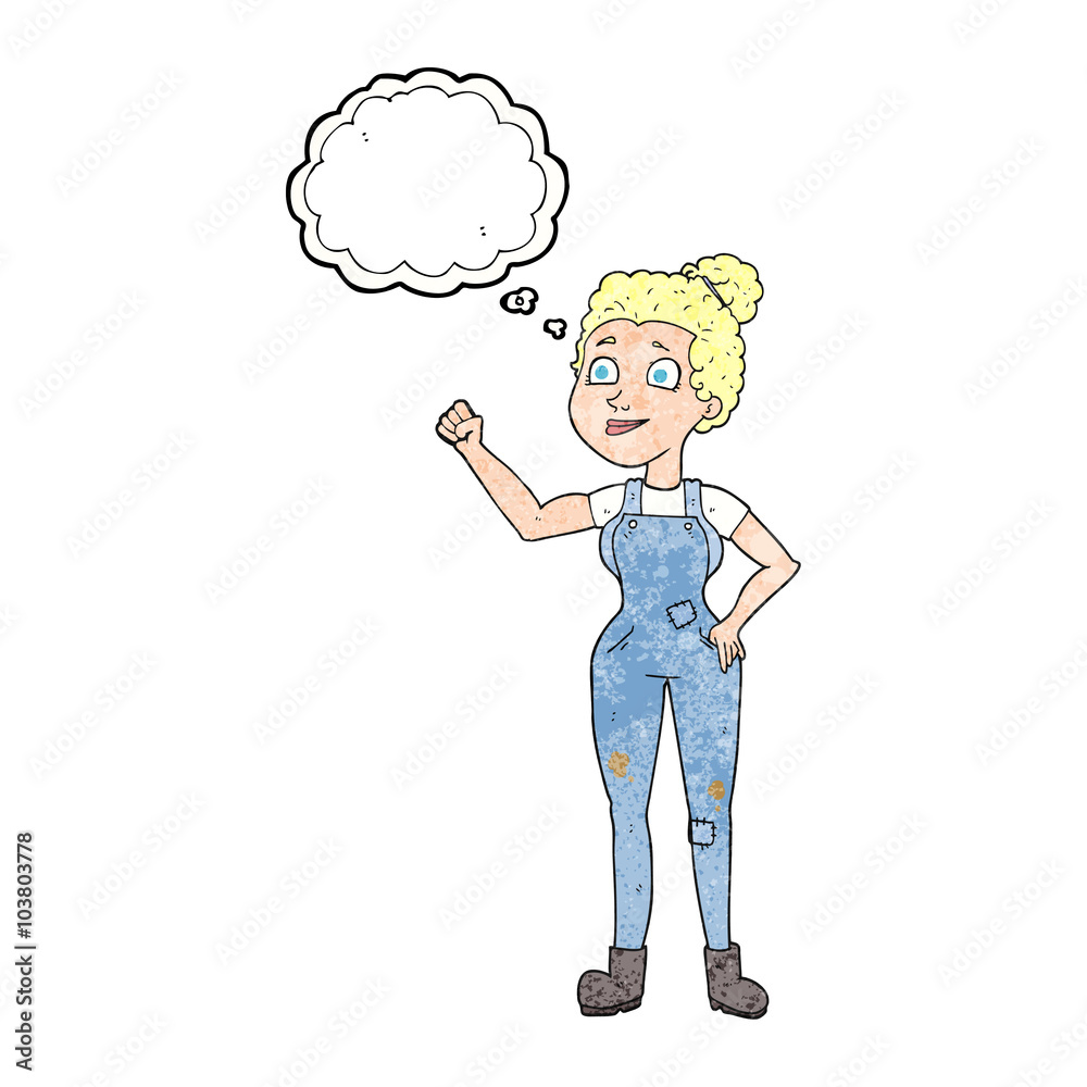 thought bubble textured cartoon woman in dungarees thought bubble textured cartoon woman in dungarees