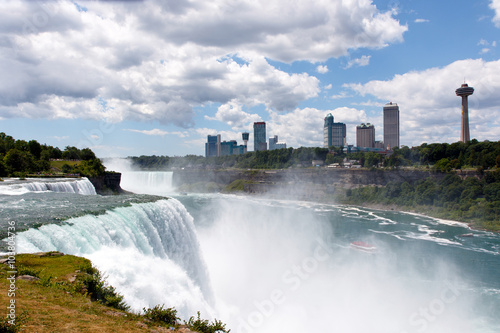 Color DSLR stock wide angle stock image of Niagara Falls, showing American Falls and Canadian side; horizontal with copy space for text