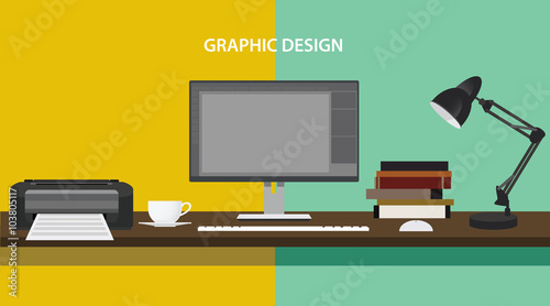 graphic design profession workdesk monitor printer books lamp pc computer