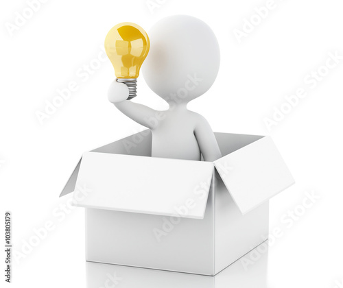 3d  White people with light bulb in box. Thinking concept.