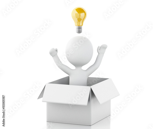 3d  White people with light bulb in box. Thinking concept.