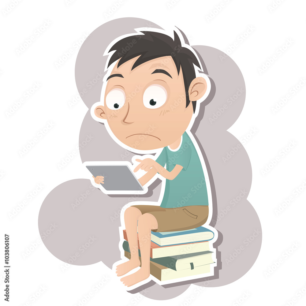 boy sittng on the pile of books and using digital tablet boy sittng on the pile of books and using digital tablet
