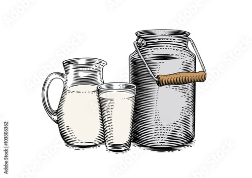 Milk can, pitcher and glass