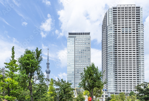 錦糸公園から望むオリナスと東京スカイツリー