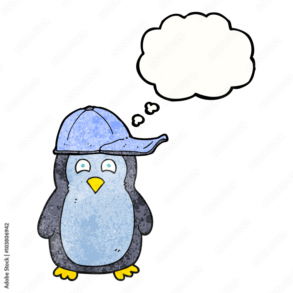 thought bubble textured cartoon penguin wearing hat