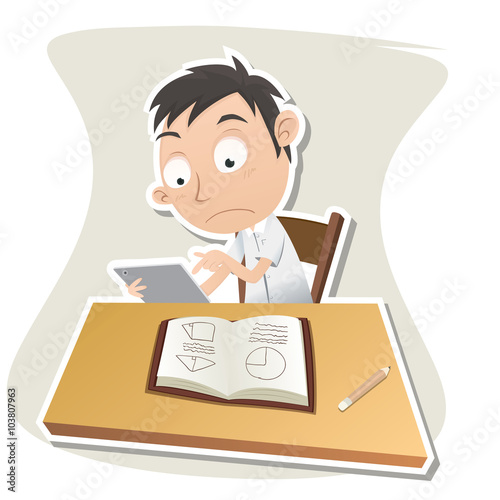schoolboy using tablet while studying