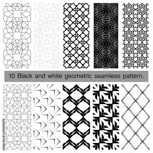 Collection of black and white geometric seamless pattern.