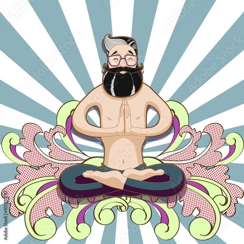 Young smiling man meditating in a yoga lotus pose on psichedelic background. Vector illustration of cards for design kundalini yoga.