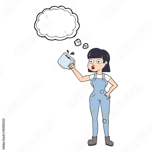 thought bubble cartoon female worker with coffee mug