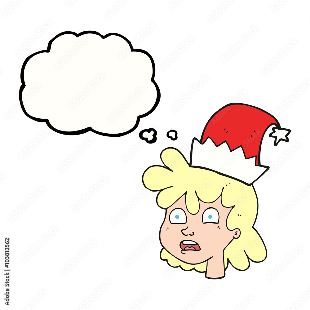 thought bubble cartoon woman wearing christmas hat