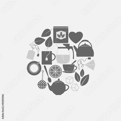 Flat design tea icons set in a circle. Illustration of grey monochrome set of tea icons