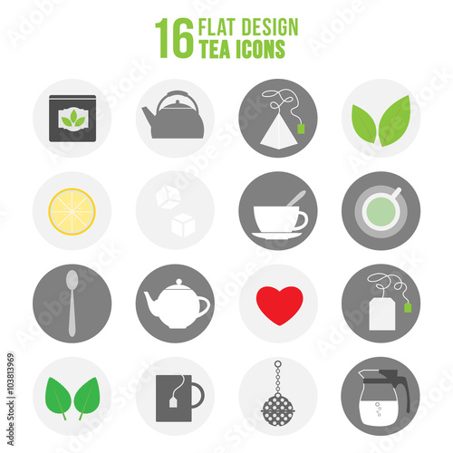 Flat colorful design tea icons set. Illustration of colorful set of tea icons