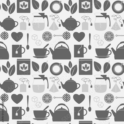 Flat monochrome tea icons seamless pattern. Illustration of grey flat monochrome tea icons 
