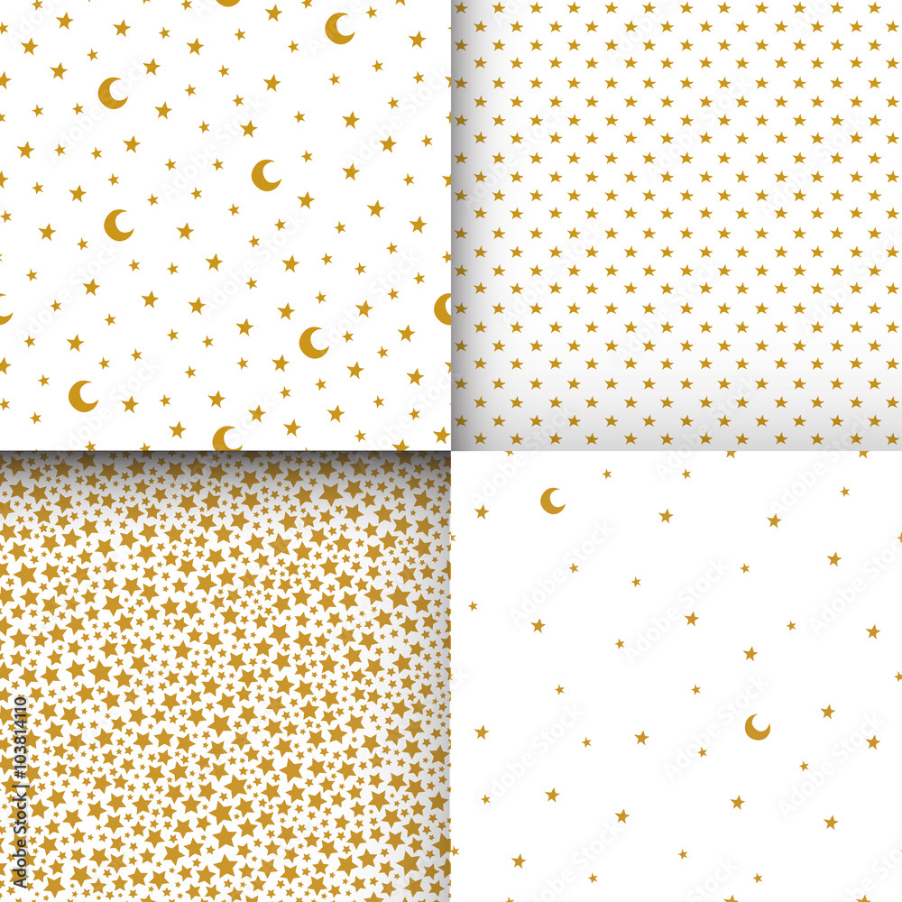 Set of seamless patterns with cartoon stars and moon on white ba Set of seamless patterns with cartoon stars and moon on white ba