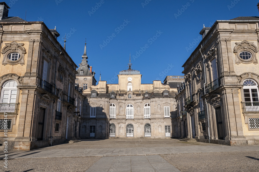 View of the Royal Palace of La Granja de San Ildefonso from the Horseshoe Courtyard, Segovia, Spain