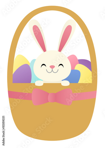 A bunny and colored eggs inside of an Easter basket