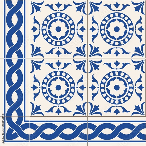  seamless  pattern. Turkish, Moroccan, Portuguese  Azulejo tiles and border, ornaments. 