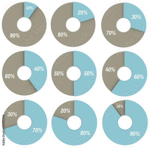 set of blue and grey pie charts 10, 20, 30, 40, 50, 60, 70, 80, 90 percent isolated