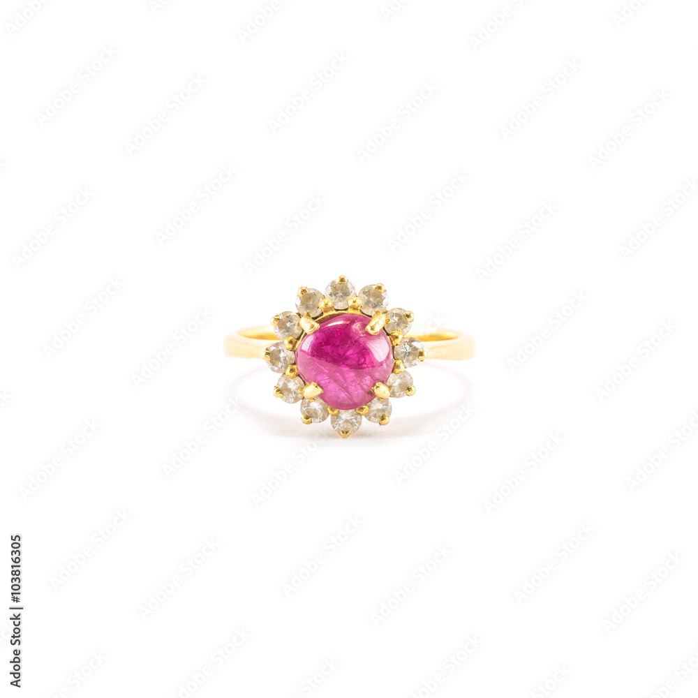 Closeup beautiful pink pebble ring isolated on white background Closeup beautiful pink pebble ring isolated on white background