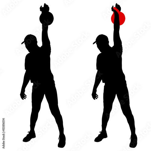 Silhouette muscular man holding kettle bell.  Vector illustration