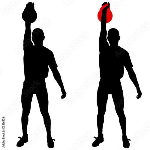Silhouette muscular man holding kettle bell.  Vector illustration