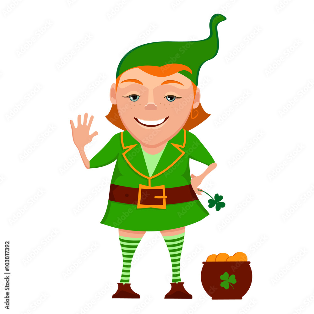 Cartoon girl leprechaun with pot and leaf clover isolated on a white background. Vector illustration of a girl leprechaun smiles and welcomes. Character girl leprechaun for St. Patrick's Day Cartoon girl leprechaun with pot and leaf clover isolated on a white background. Vector illustration of a girl leprechaun smiles and welcomes. Character girl leprechaun for St. Patrick's Day