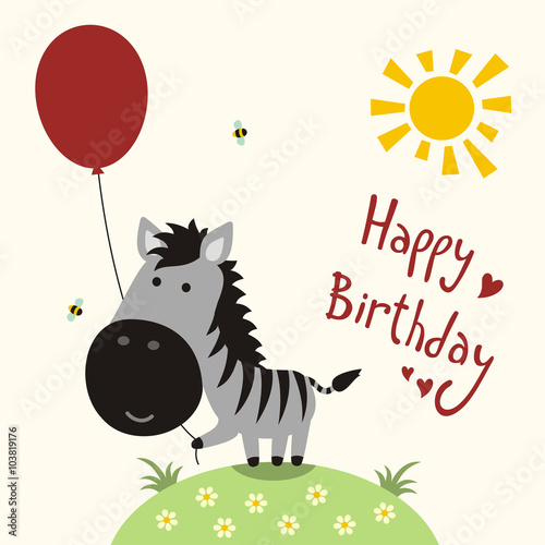 Happy birthday card, vector funny little zebra with balloon, handwritten text