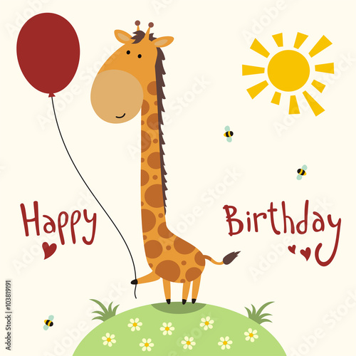 Happy birthday card, vector funny little giraffe with balloon, handwritten text