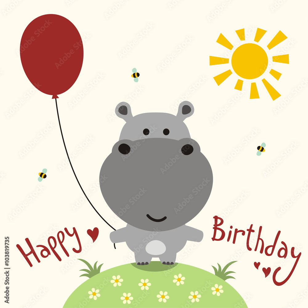Happy birthday card, vector funny little hippo with balloon