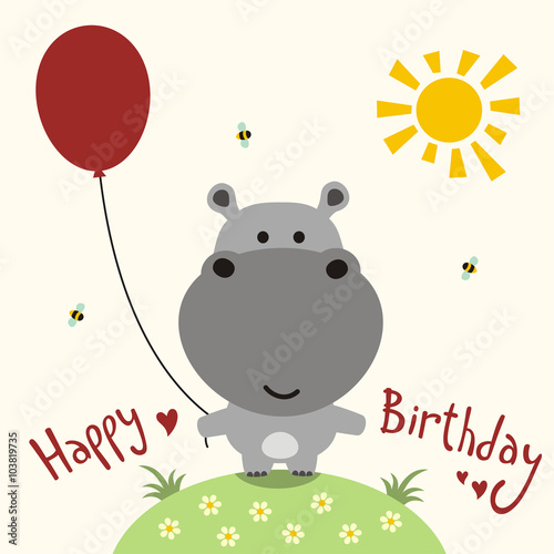 Happy birthday card, vector funny little hippo with balloon, handwritten text