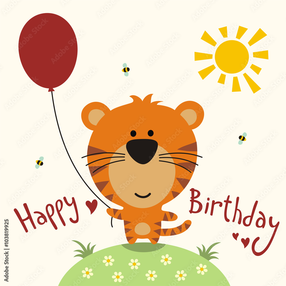 Happy birthday card, vector funny little tiger with balloon ...
