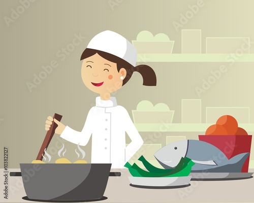 Una mujer cocinera trabajando feliz en una cocina. Ilustración vectorial