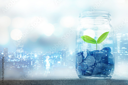 Double exposure of Growing plant on coin money in the bottle for money concept
