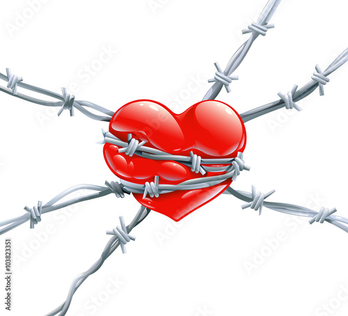 Red heart with highlights wrap enclosed in barbed metal wire symbol of slavery, imprisonment, resistance terror, jealousy, unrequited love and cruelty, cardiology isolated vector illustration, concept
