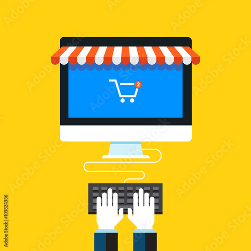 Online shopping, Eshop, Internet selling, online marketing. Flat design modern vector illustration concept.